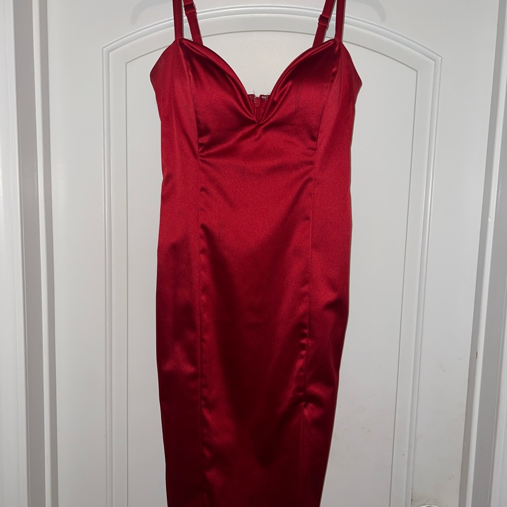 bebe Strapless Red Satin Dress